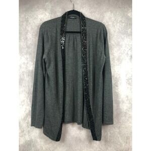 CASHMERE SAKS FIFTH AVENUE‎ BEADED CARDIGAN SWEATER  OPEN FRONT BLACK SIZE LARGE